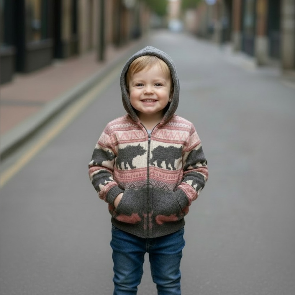 100% Washable Wool Pink & Grey Full Zip Hooded Sweater – Size 2T